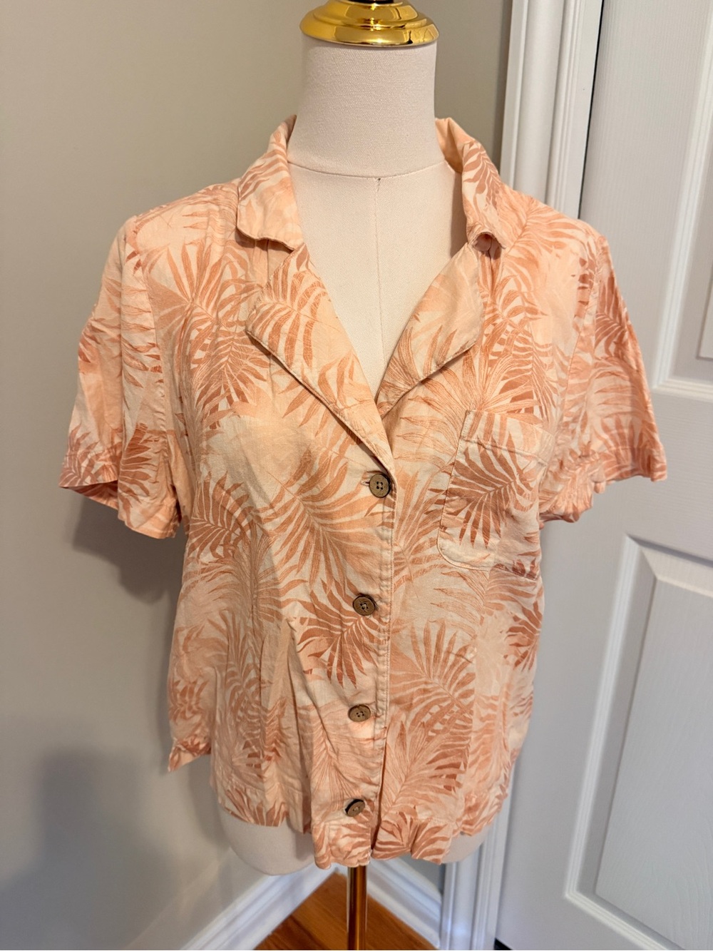 Tropical Print Peach Colored Button Down